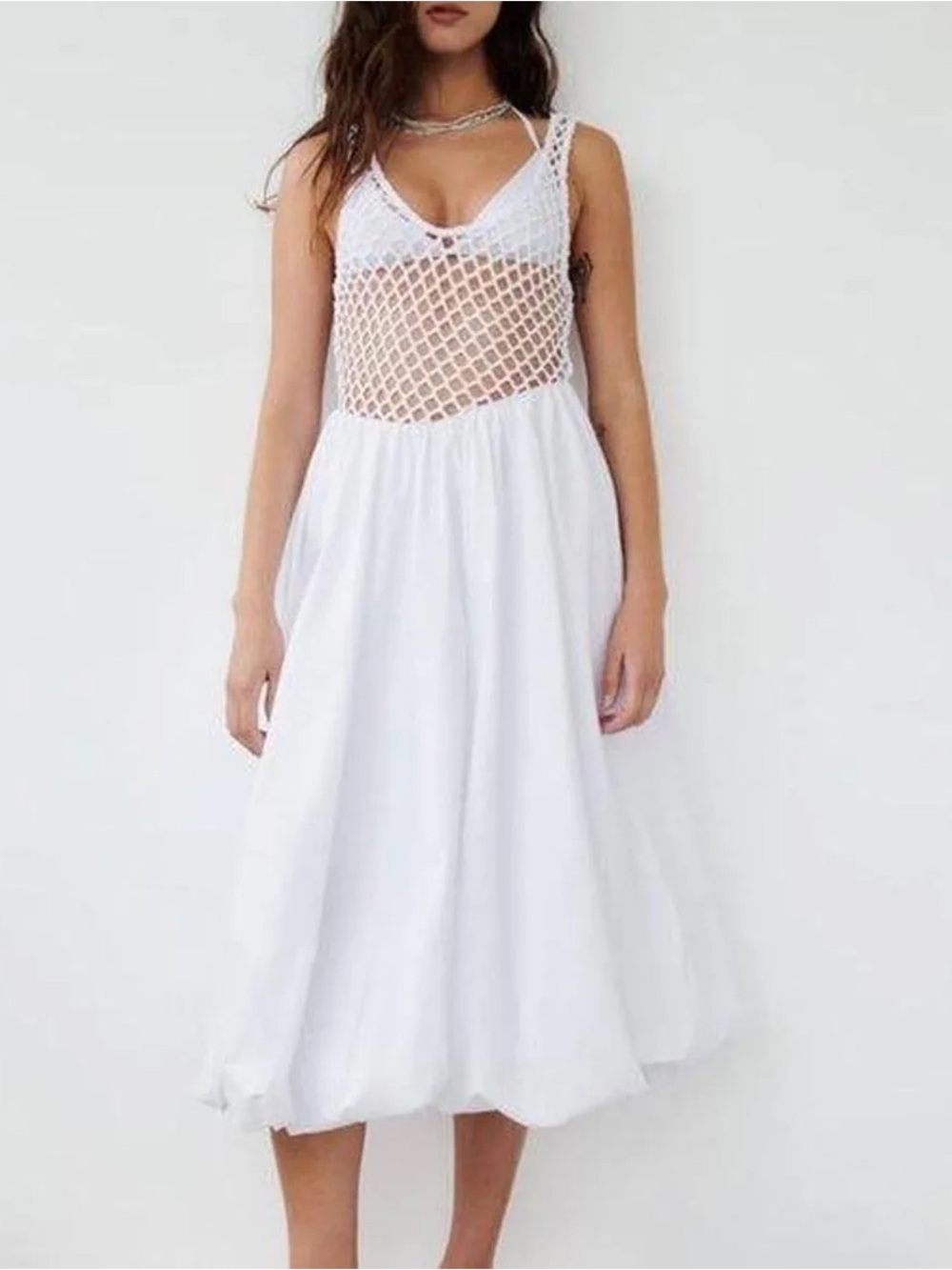 NWT Zara White Mesh Trim Midi Dress - Size Large